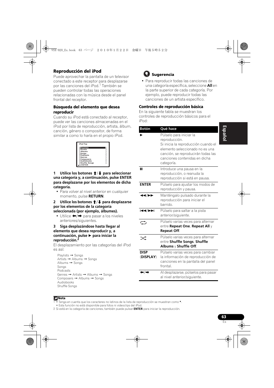 Reproducción del ipod, English español | Pioneer VSX 920 User Manual | Page 141 / 160