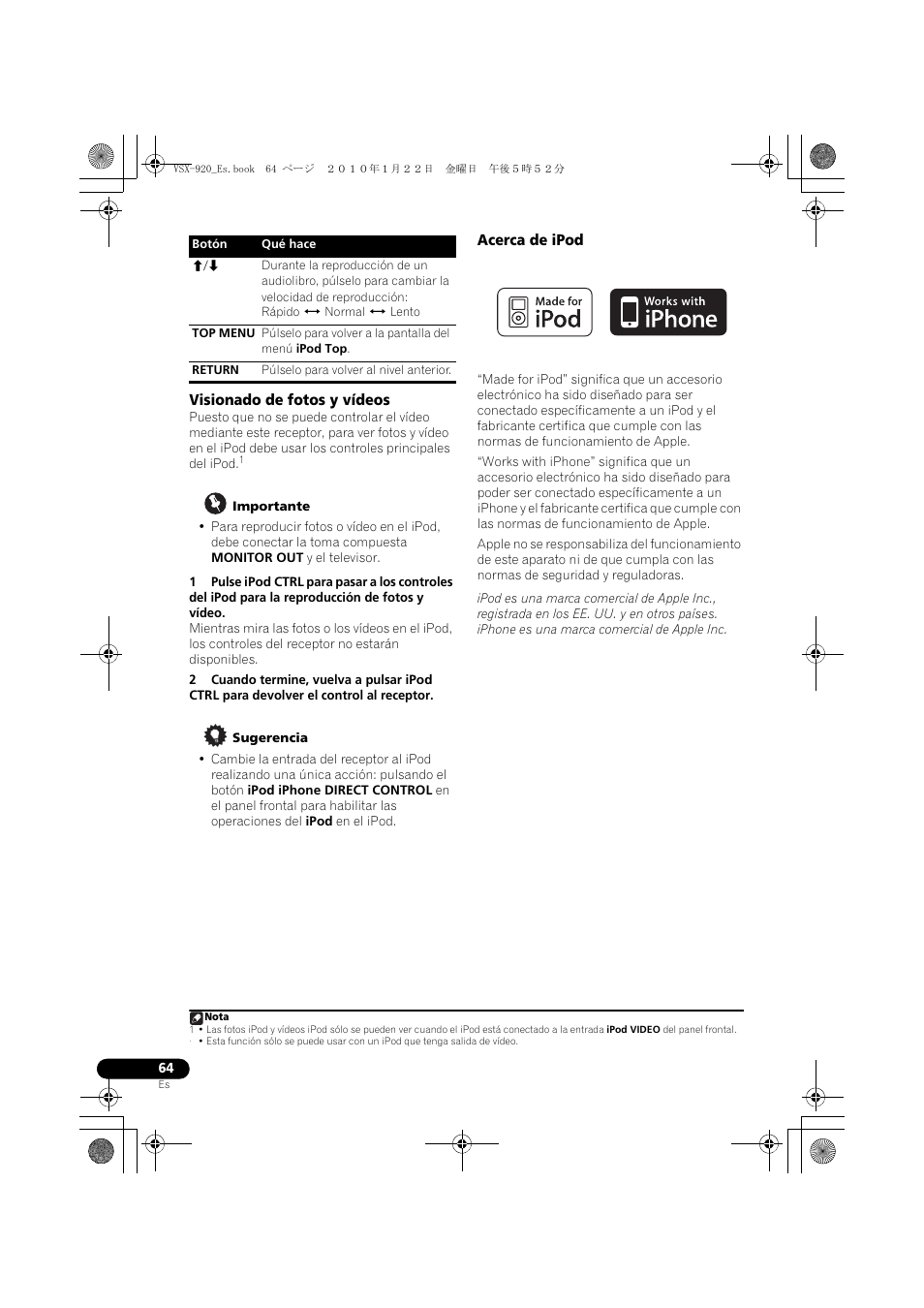 Visionado de fotos y vídeos, Acerca de ipod | Pioneer VSX 920 User Manual | Page 142 / 160