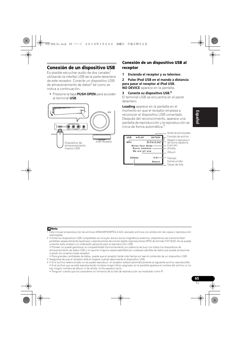 Conexión de un dispositivo usb, Conexión de un dispositivo usb al receptor, English español | Pioneer VSX 920 User Manual | Page 143 / 160