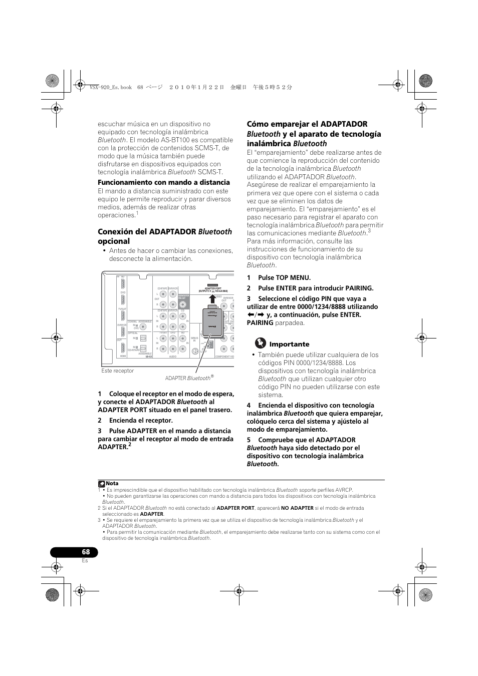 Conexión del adaptador bluetooth opcional, Funcionamiento con mando a distancia | Pioneer VSX 920 User Manual | Page 146 / 160