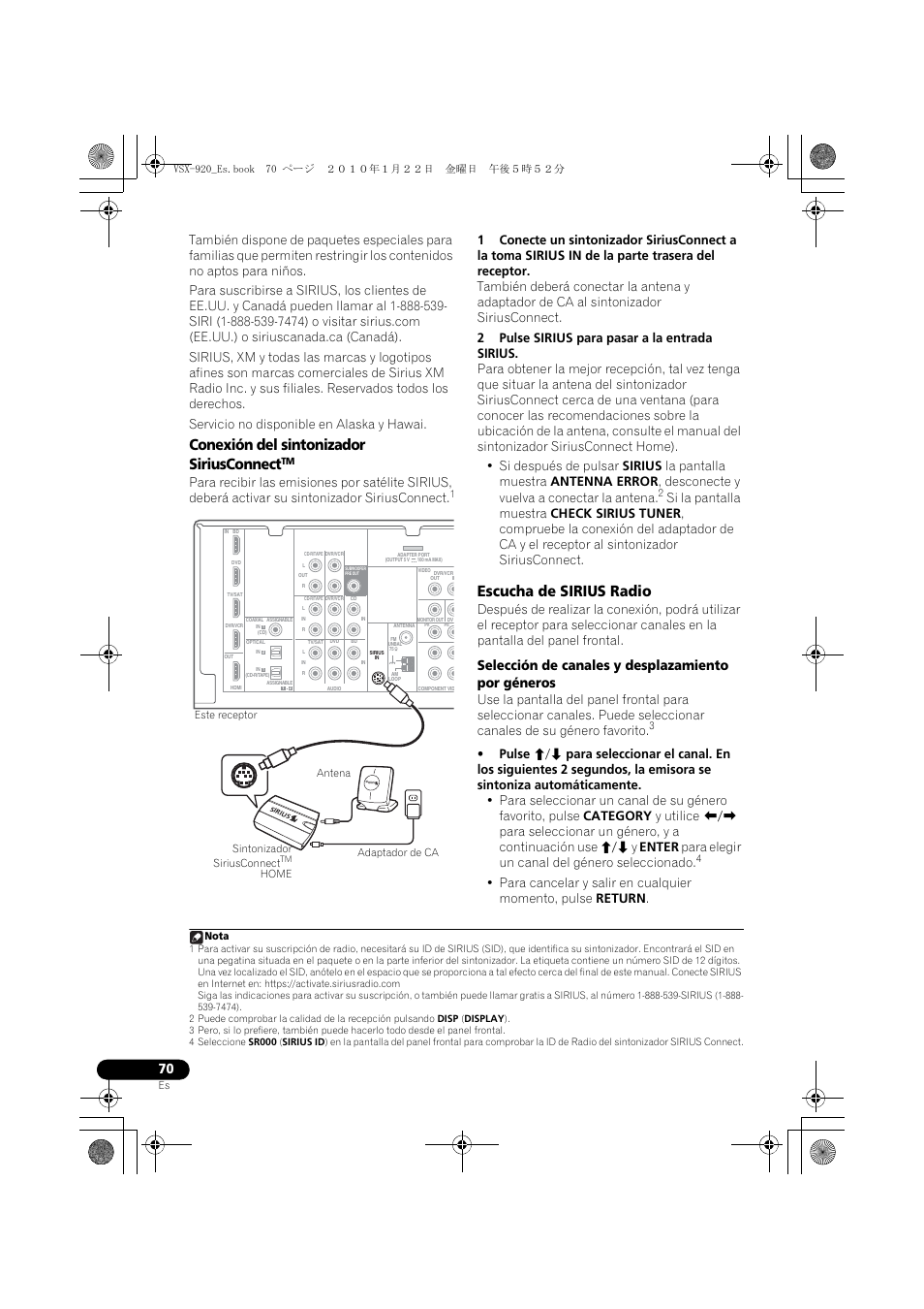 Conexión del sintonizador siriusconnecttm, Escucha de sirius radio, Conexión del sintonizador siriusconnect | Selección de canales y desplazamiento por géneros | Pioneer VSX 920 User Manual | Page 148 / 160