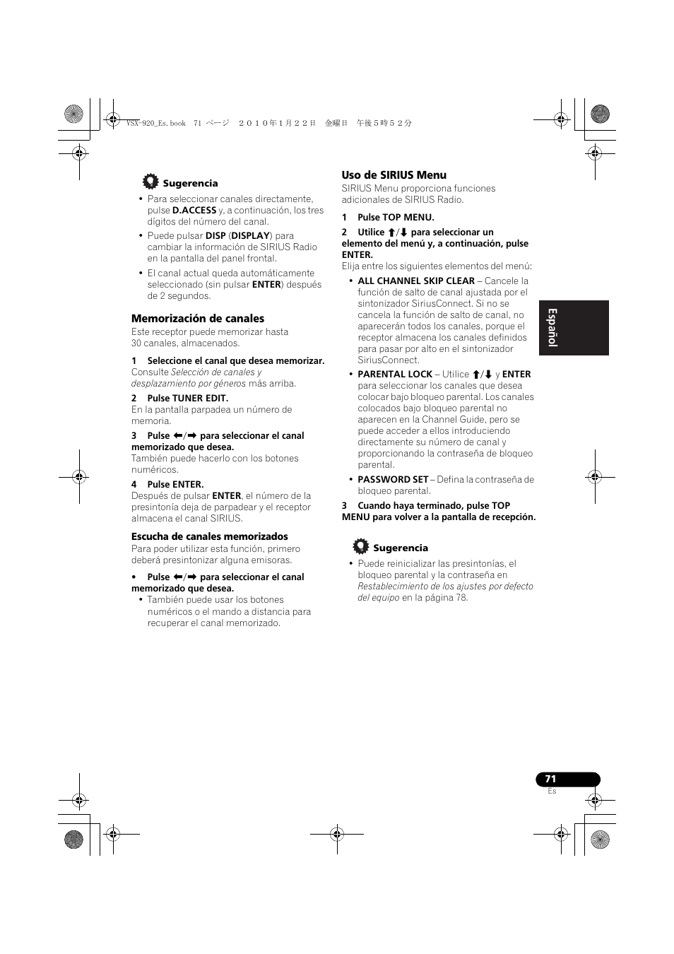 Memorización de canales, Uso de sirius menu | Pioneer VSX 920 User Manual | Page 149 / 160