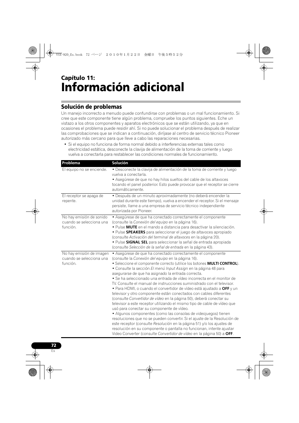 Información adicional, Solución de problemas, 11 información adicional | Capítulo 11 | Pioneer VSX 920 User Manual | Page 150 / 160