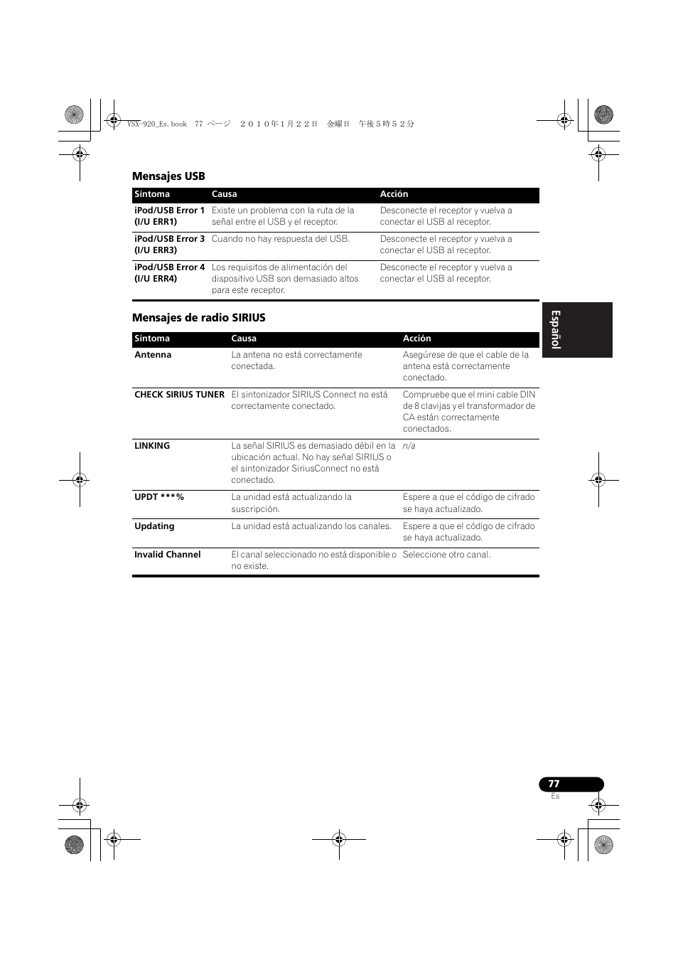 Mensajes usb, Mensajes de radio sirius, English español | Pioneer VSX 920 User Manual | Page 155 / 160