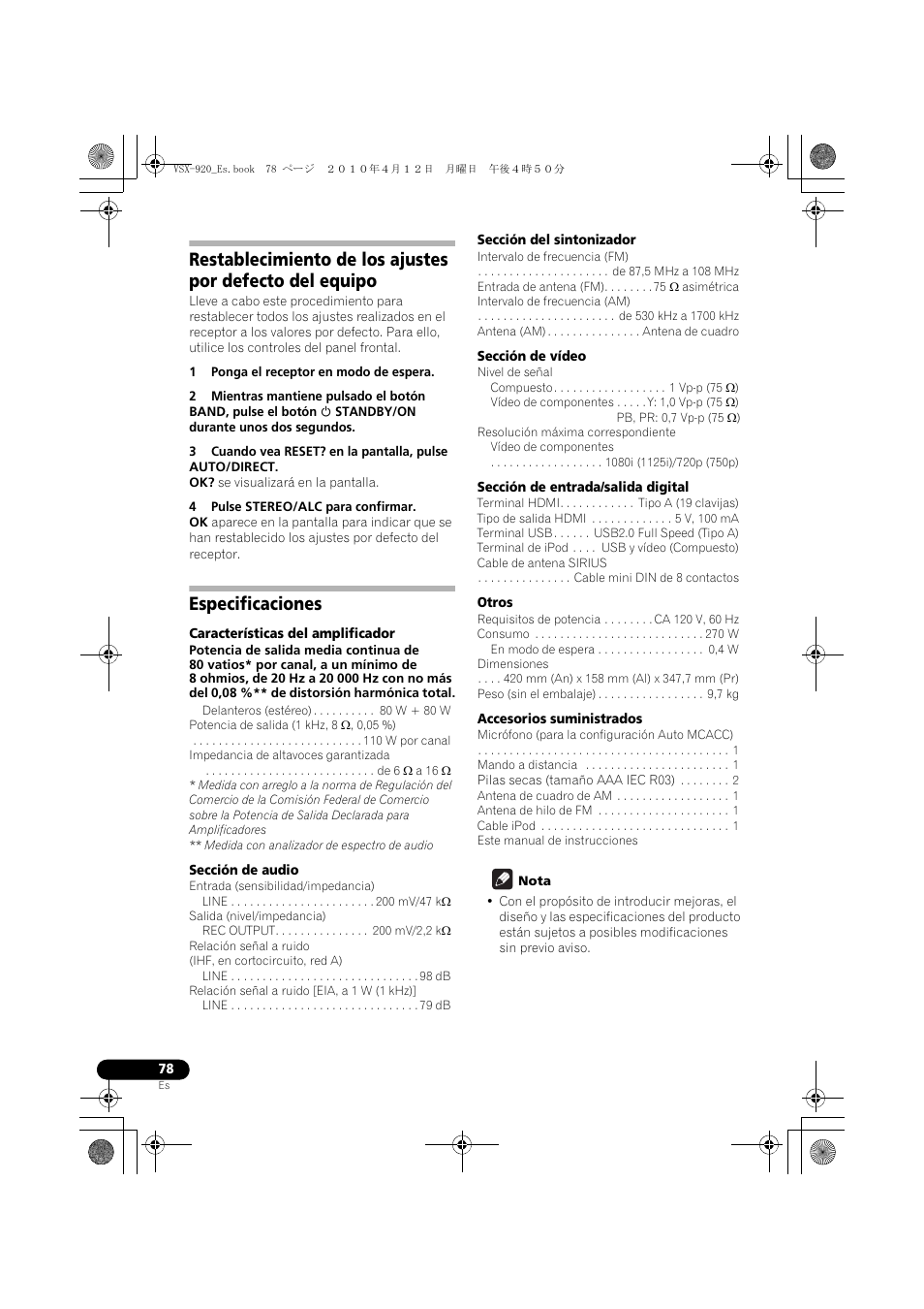 Especificaciones | Pioneer VSX 920 User Manual | Page 156 / 160