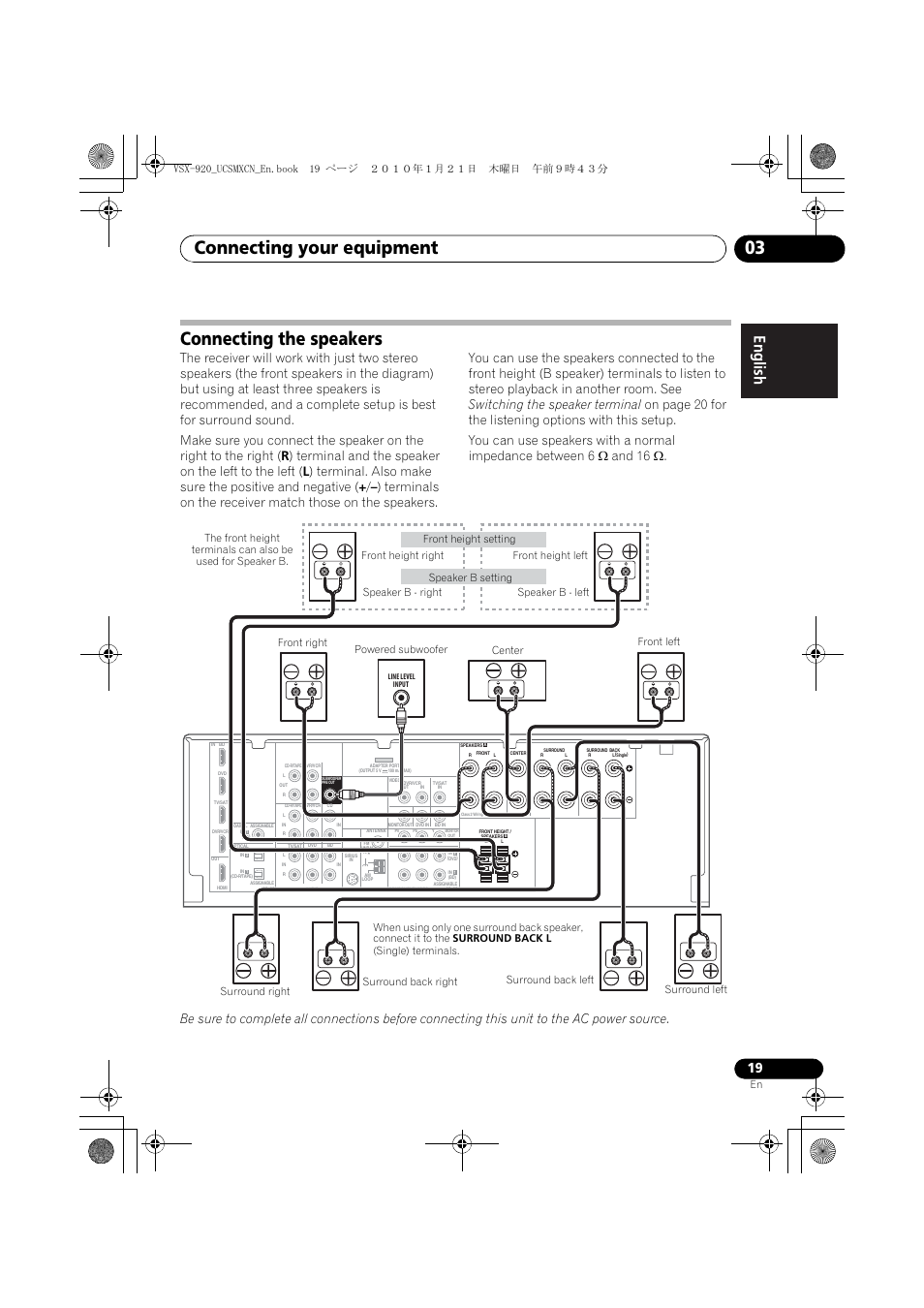 Connecting the speakers, Connecting your equipment 03 | Pioneer VSX 920 User Manual | Page 19 / 160