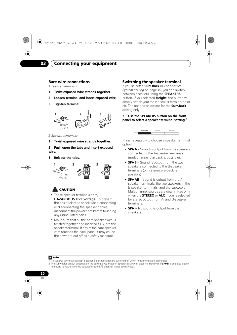 Bare wire connections, Switching the speaker terminal, Connecting your equipment 03 | Pioneer VSX 920 User Manual | Page 20 / 160