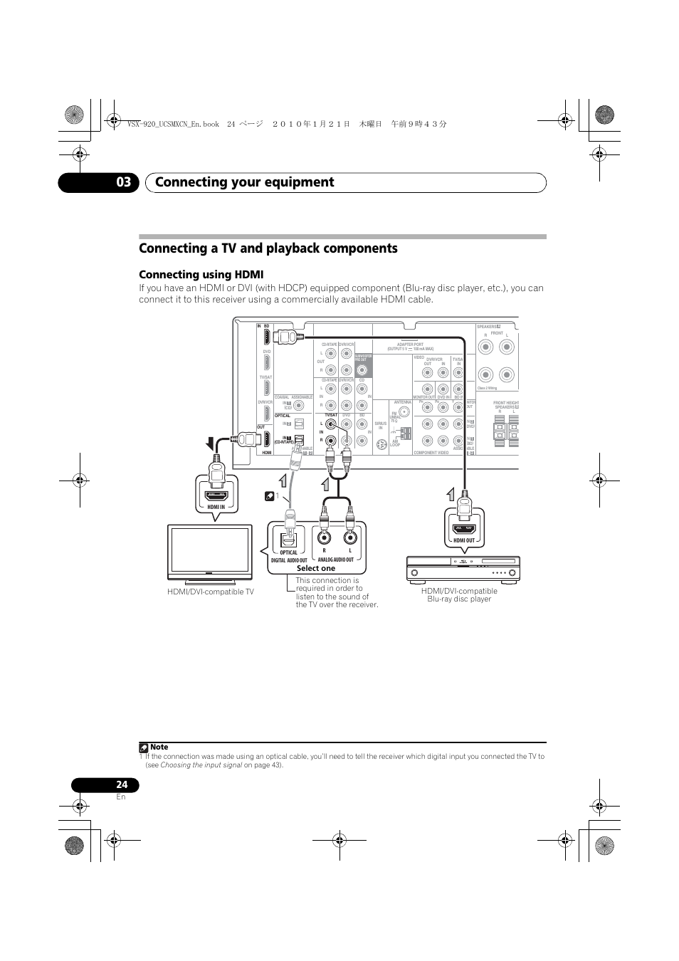 Connecting a tv and playback components, Connecting using hdmi, Connecting your equipment 03 | Pioneer VSX 920 User Manual | Page 24 / 160