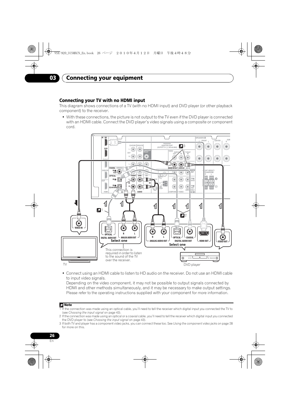 Connecting your tv with no hdmi input, Connecting your equipment 03, Supplied with your component | Please refer to the operating instructions, For more information | Pioneer VSX 920 User Manual | Page 26 / 160