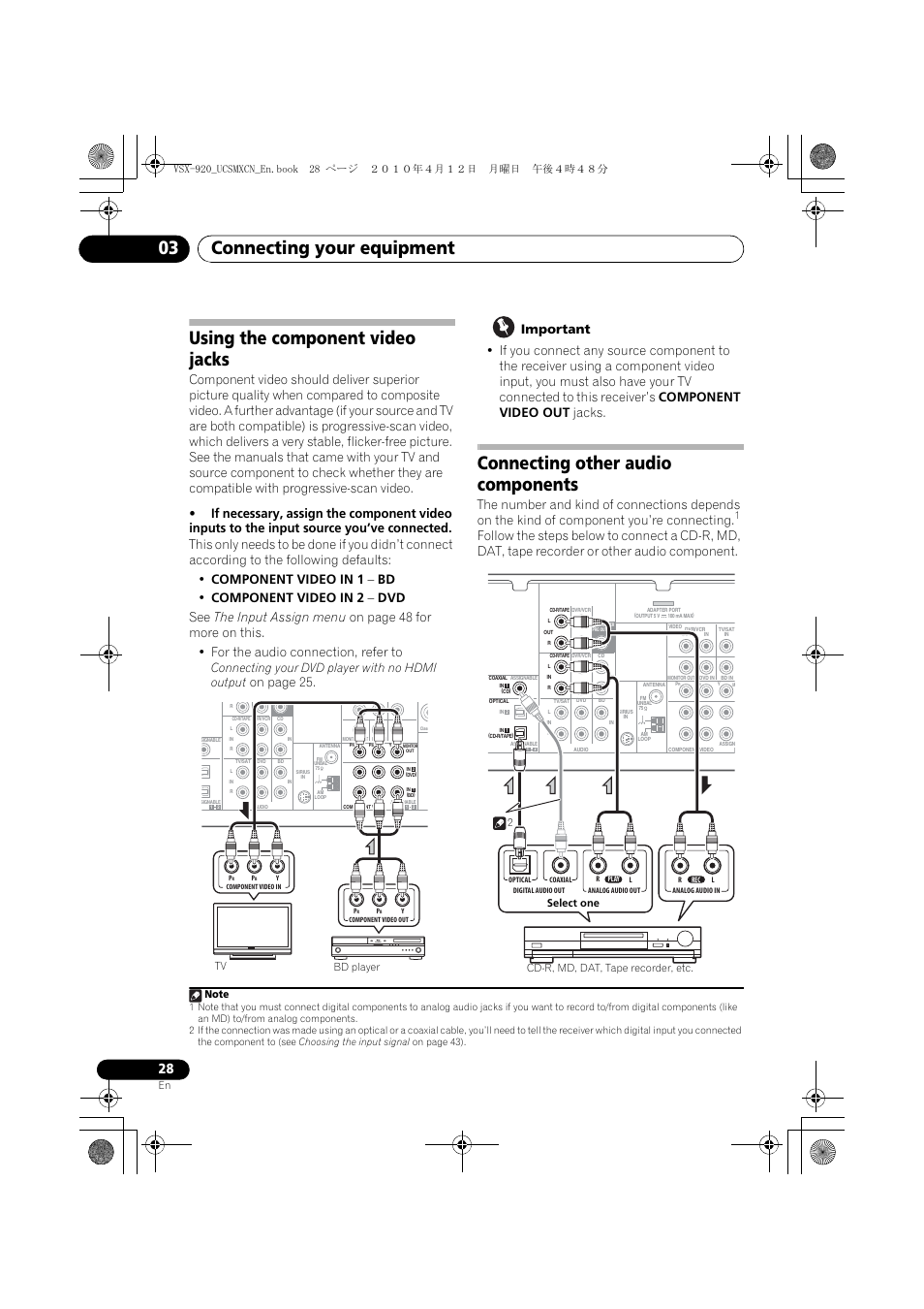 Using the component video jacks, Connecting other audio components, Connecting your equipment 03 | On page 25, Connecting your dvd player with no hdmi output | Pioneer VSX 920 User Manual | Page 28 / 160