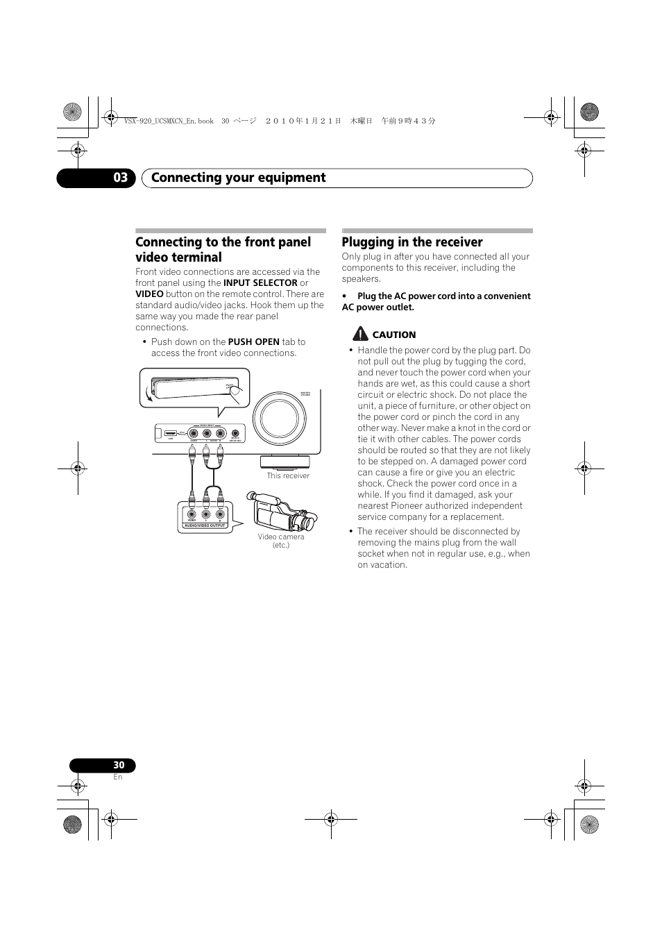 Connecting to the front panel video terminal, Plugging in the receiver, Connecting your equipment 03 | Pioneer VSX 920 User Manual | Page 30 / 160