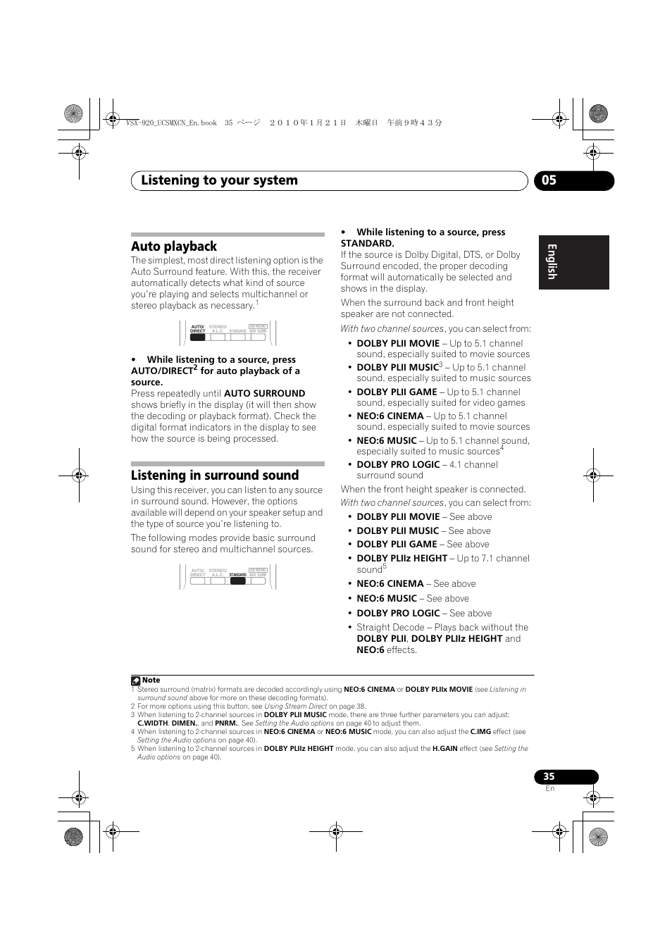 Auto playback, Listening in surround sound, Listening to your system 05 | Pioneer VSX 920 User Manual | Page 35 / 160
