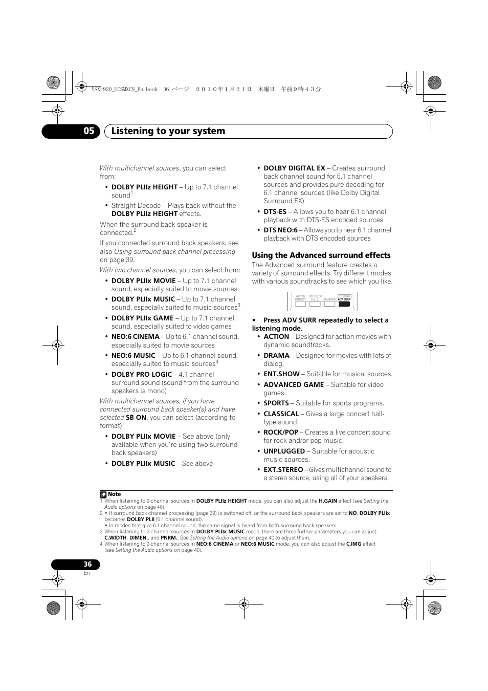 Using the advanced surround effects, Listening to your system 05 | Pioneer VSX 920 User Manual | Page 36 / 160