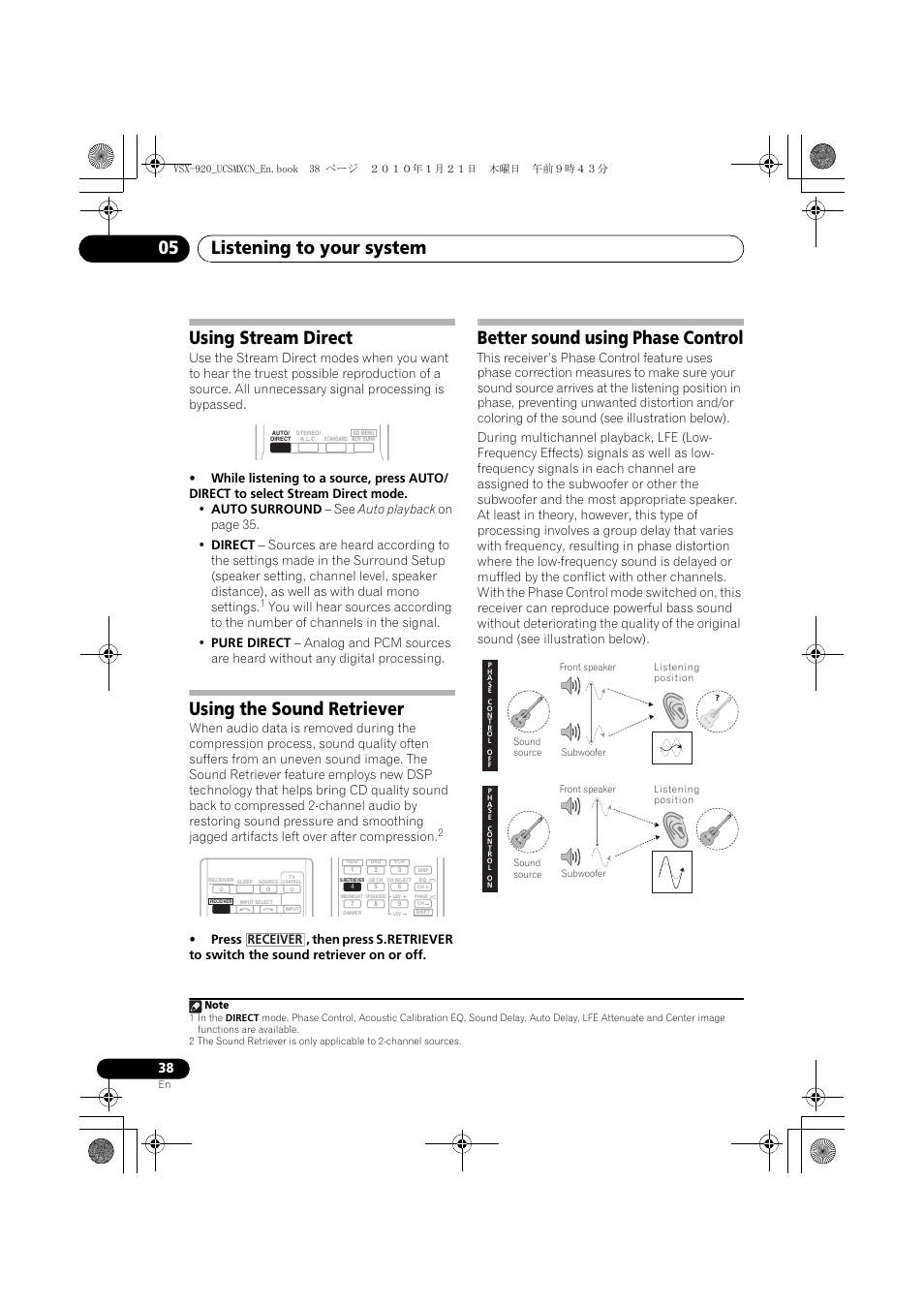 Using stream direct, Using the sound retriever, Better sound using phase control | Listening to your system 05, Receiver | Pioneer VSX 920 User Manual | Page 38 / 160