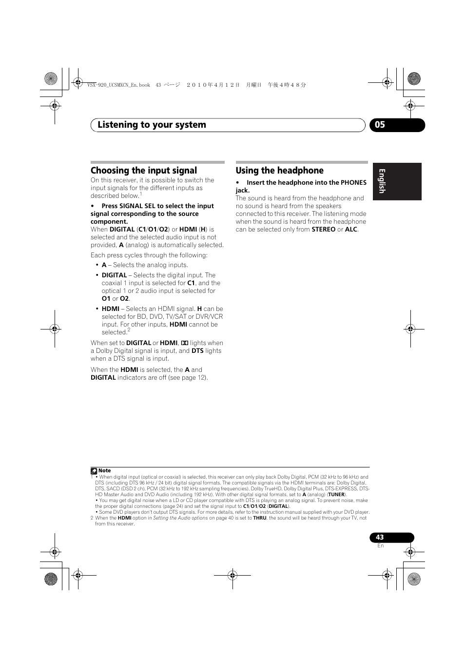 Choosing the input signal, Using the headphone, Listening to your system 05 | Pioneer VSX 920 User Manual | Page 43 / 160