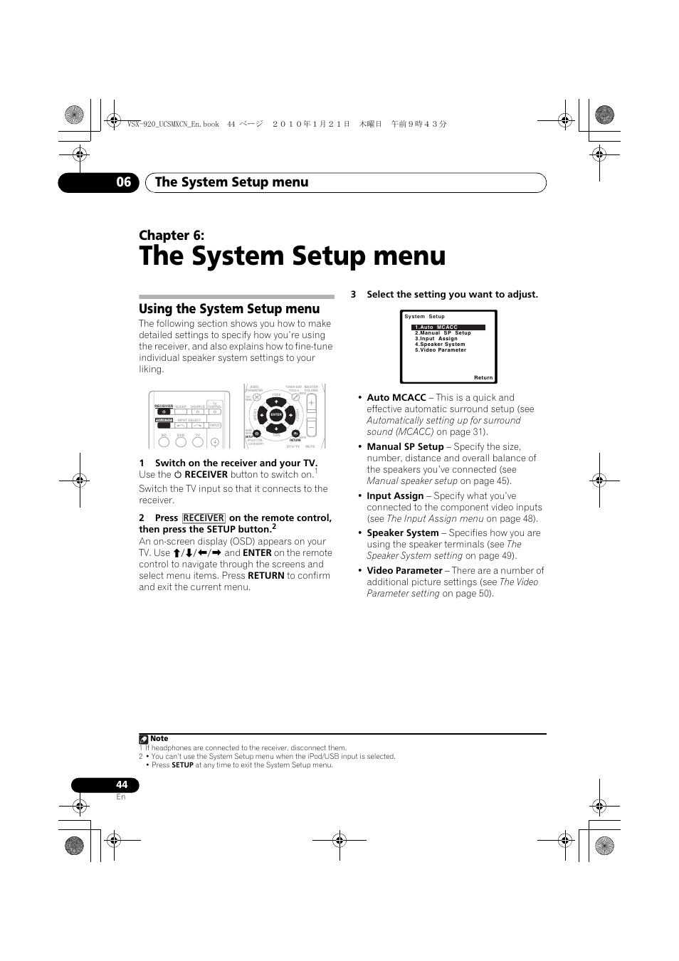 The system setup menu, Using the system setup menu, 06 the system setup menu | The system setup menu 06, Chapter 6, Receiver | Pioneer VSX 920 User Manual | Page 44 / 160