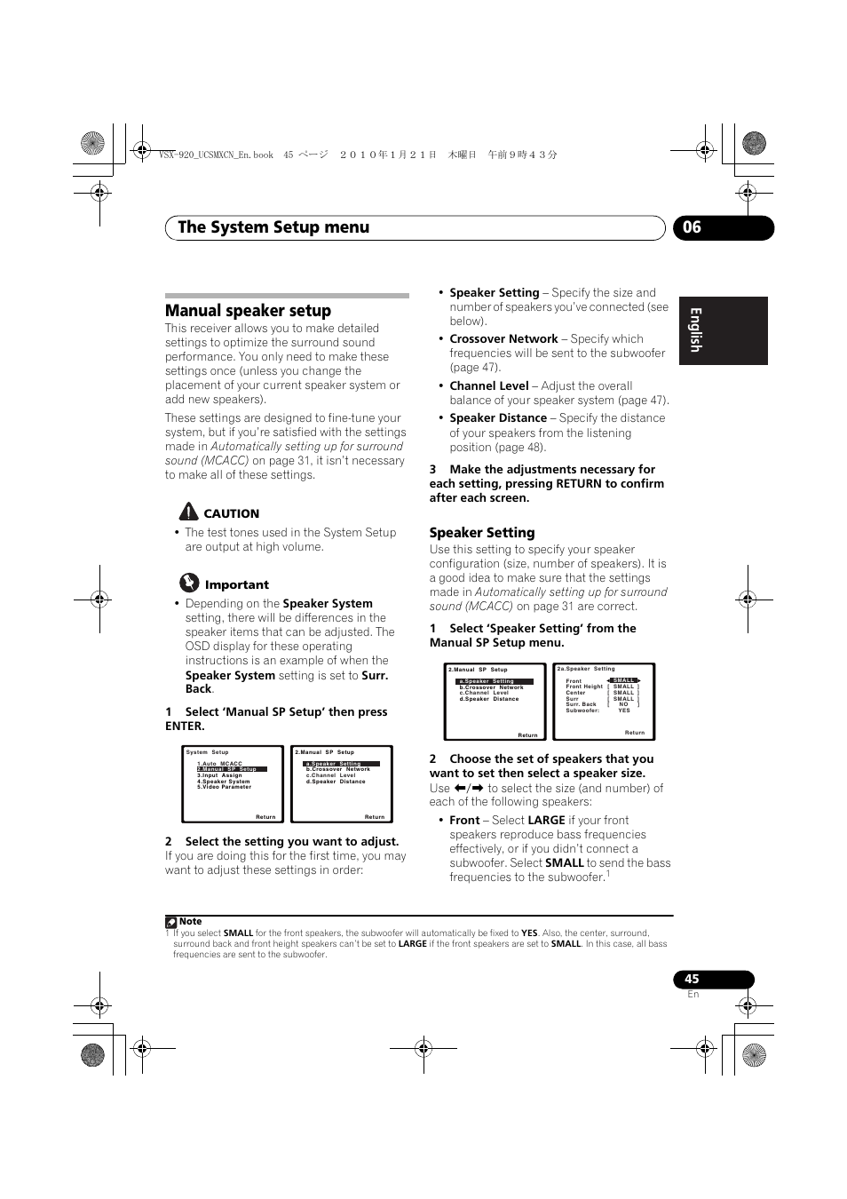 Manual speaker setup, Speaker setting, The system setup menu 06 | Pioneer VSX 920 User Manual | Page 45 / 160