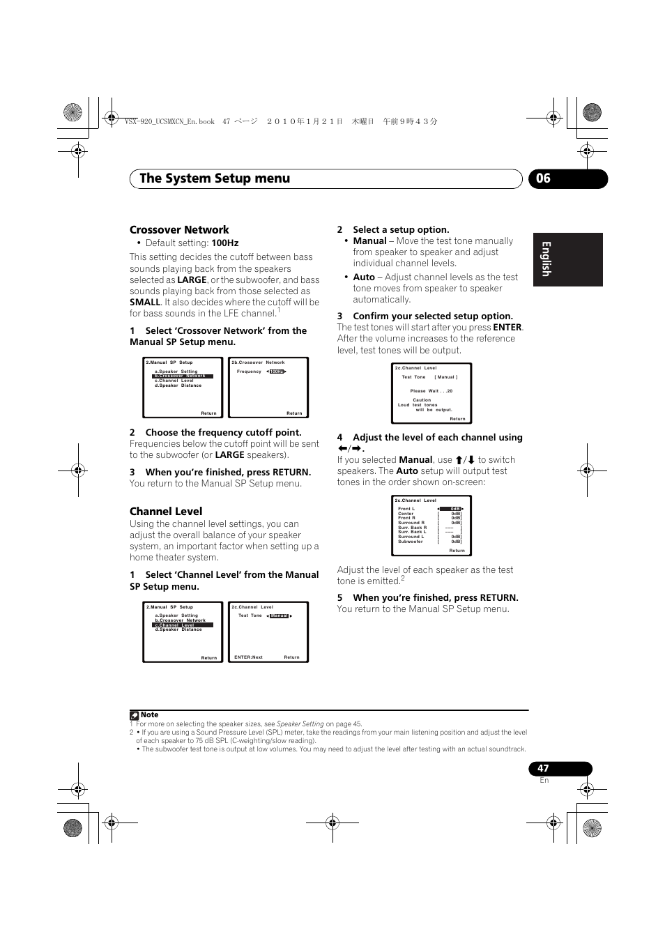 Crossover network, Channel level, The system setup menu 06 | Pioneer VSX 920 User Manual | Page 47 / 160