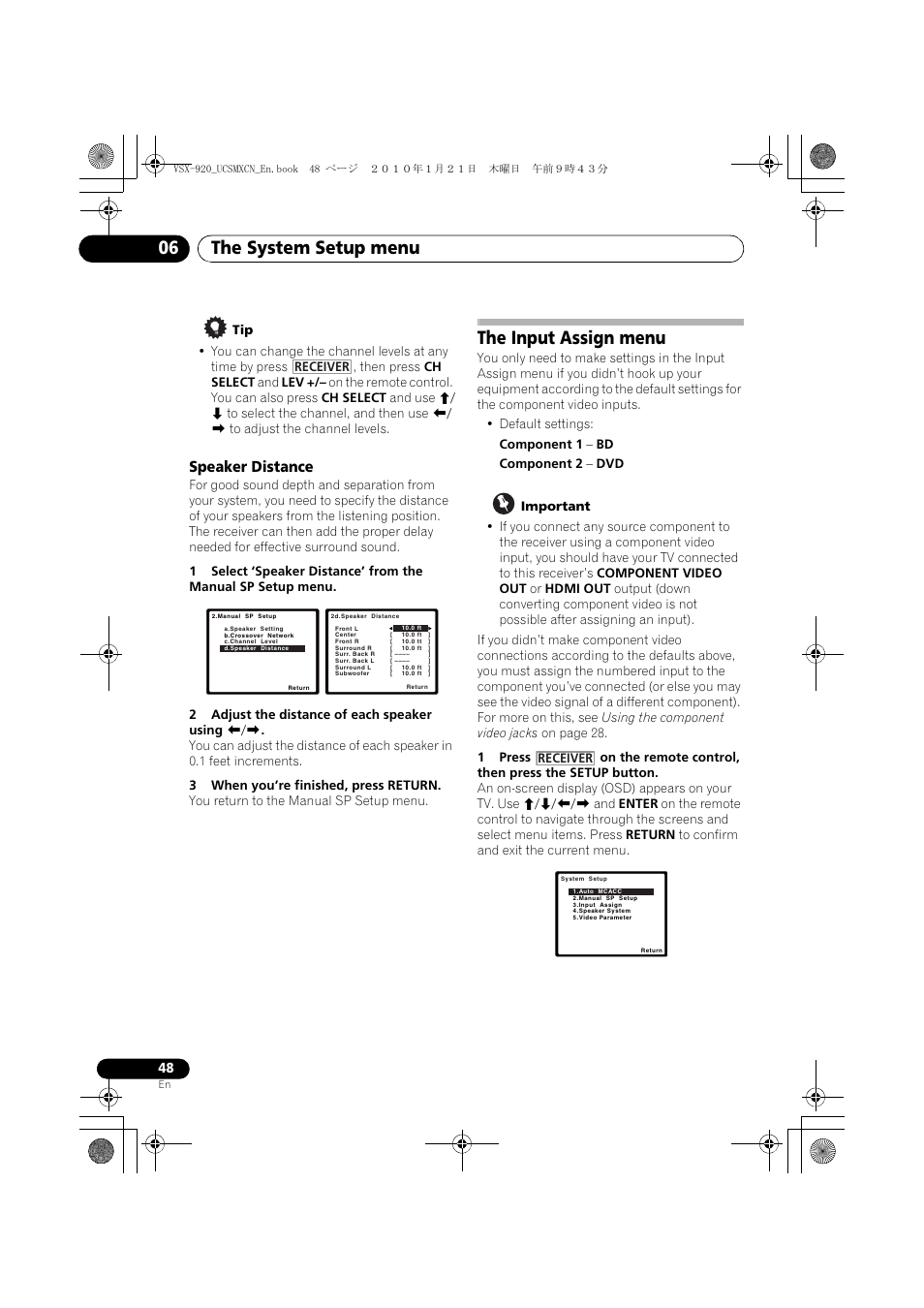 Speaker distance, The input assign menu, The system setup menu 06 | Pioneer VSX 920 User Manual | Page 48 / 160