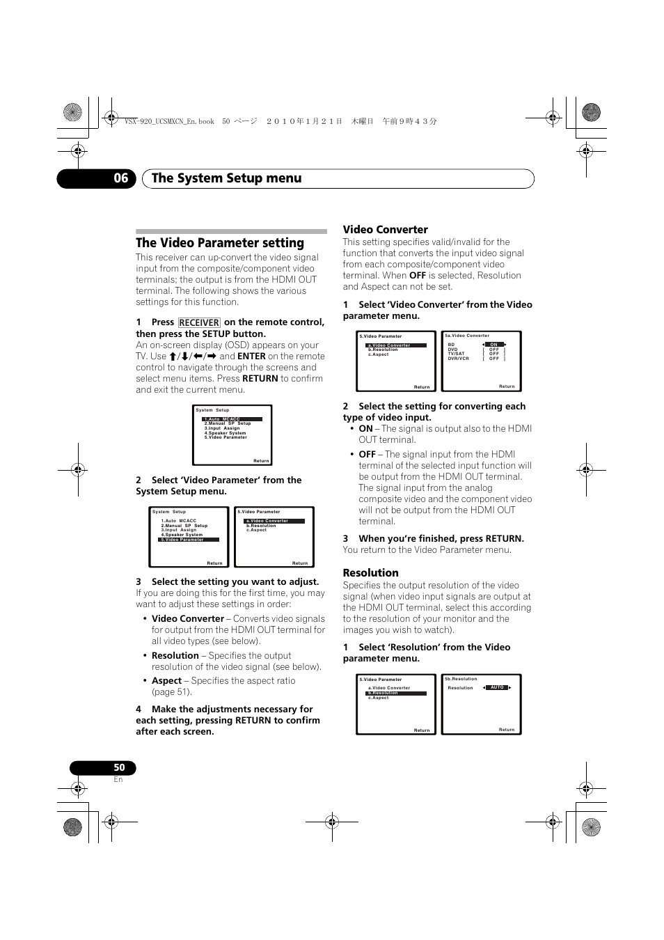 The video parameter setting, Video converter, Resolution | The system setup menu 06 | Pioneer VSX 920 User Manual | Page 50 / 160