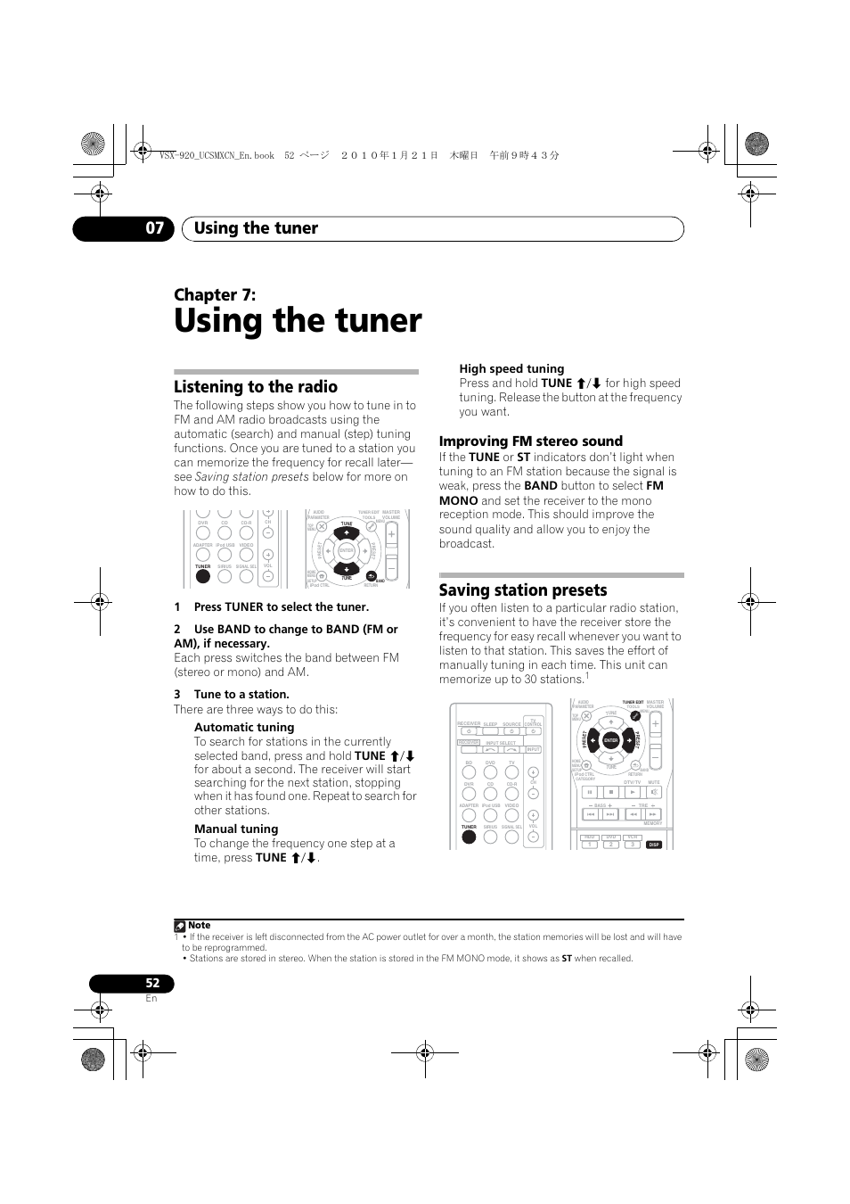 Using the tuner, Listening to the radio, Improving fm stereo sound | Saving station presets, 07 using the tuner, Using the tuner 07, Chapter 7 | Pioneer VSX 920 User Manual | Page 52 / 160
