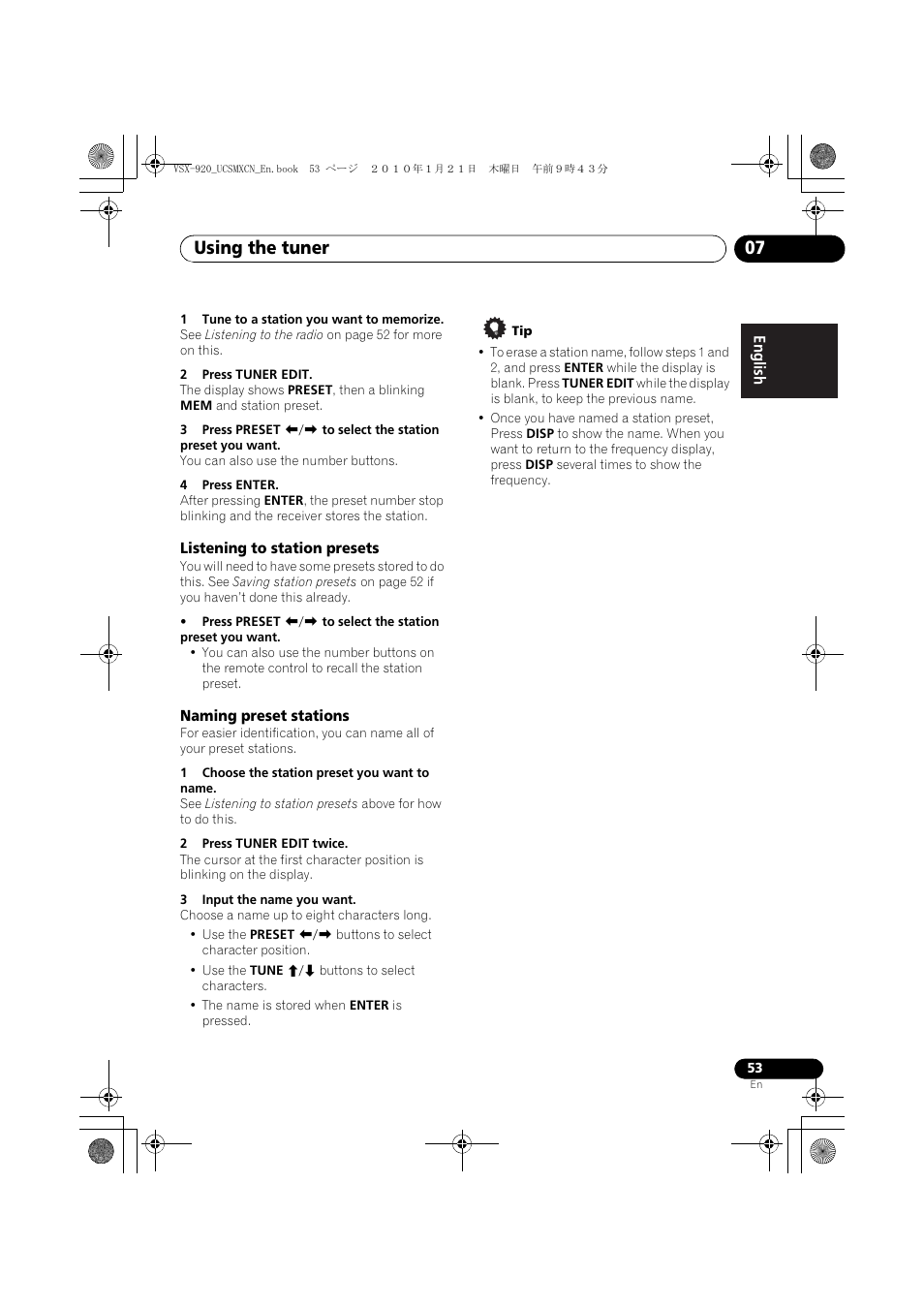 Listening to station presets, Naming preset stations, Using the tuner 07 | Pioneer VSX 920 User Manual | Page 53 / 160