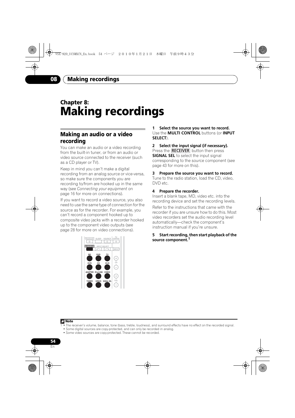 Making recordings, Making an audio or a video recording, 08 making recordings | Making recordings 08, Chapter 8 | Pioneer VSX 920 User Manual | Page 54 / 160