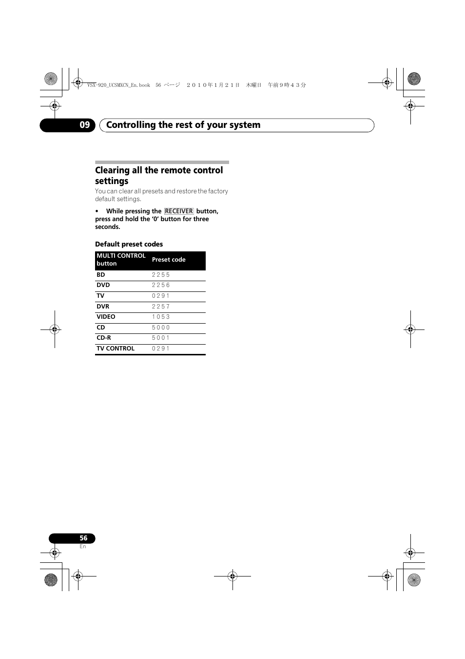 Clearing all the remote control settings, Controlling the rest of your system 09 | Pioneer VSX 920 User Manual | Page 56 / 160