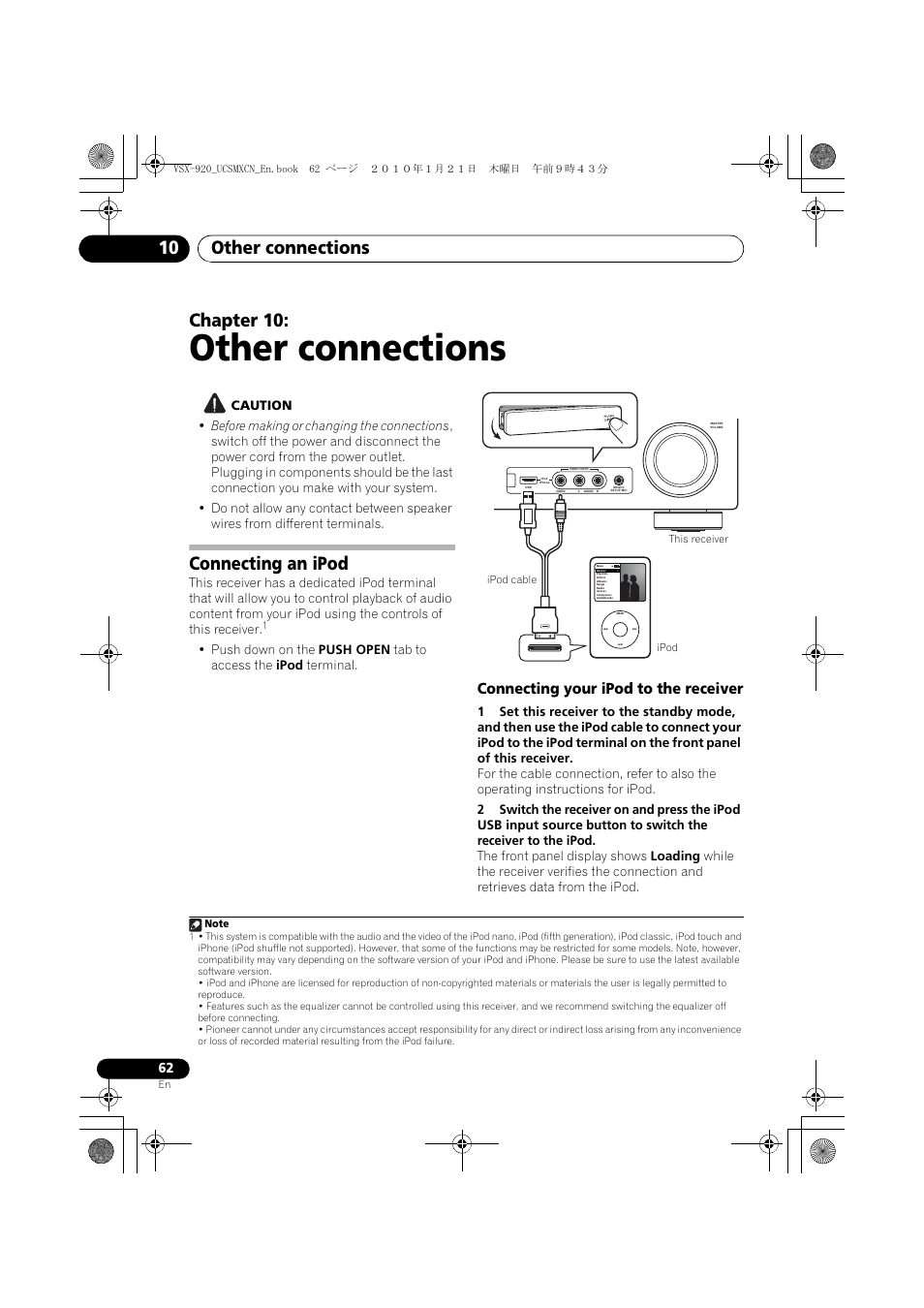 Other connections, Connecting an ipod, Connecting your ipod to the receiver | 10 other connections, Other connections 10, Chapter 10 | Pioneer VSX 920 User Manual | Page 62 / 160