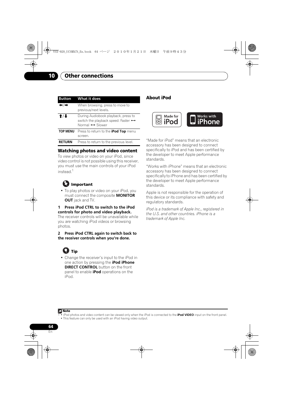 Watching photos and video content, About ipod, Other connections 10 | Pioneer VSX 920 User Manual | Page 64 / 160