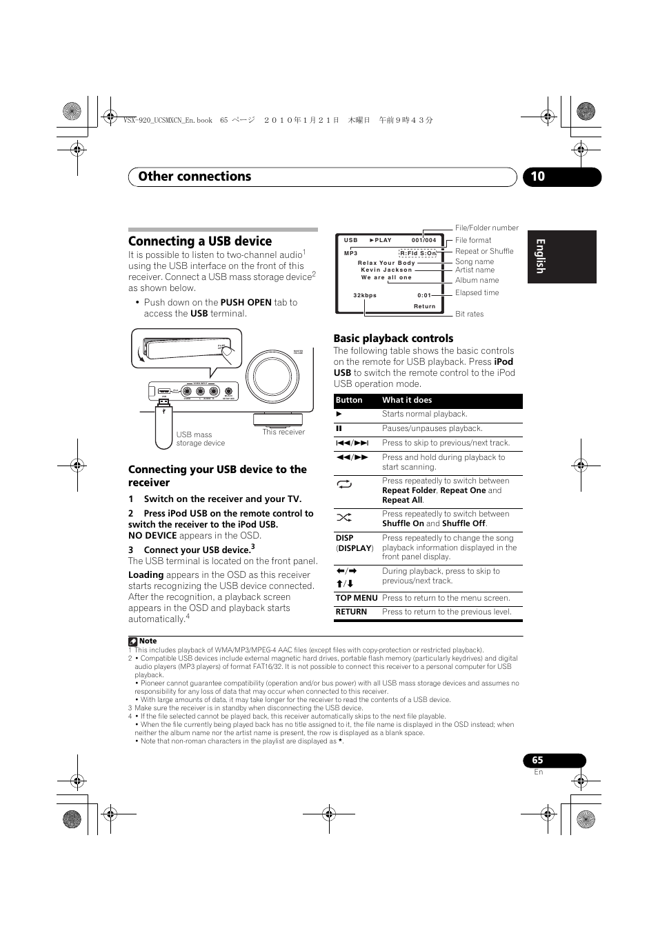 Connecting a usb device, Connecting your usb device to the receiver, Basic playback controls | Other connections 10 | Pioneer VSX 920 User Manual | Page 65 / 160