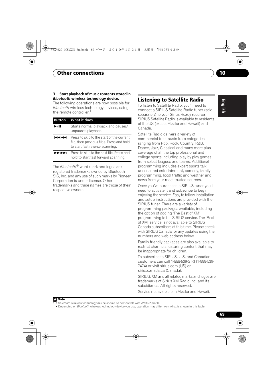 Listening to satellite radio, Other connections 10 | Pioneer VSX 920 User Manual | Page 69 / 160