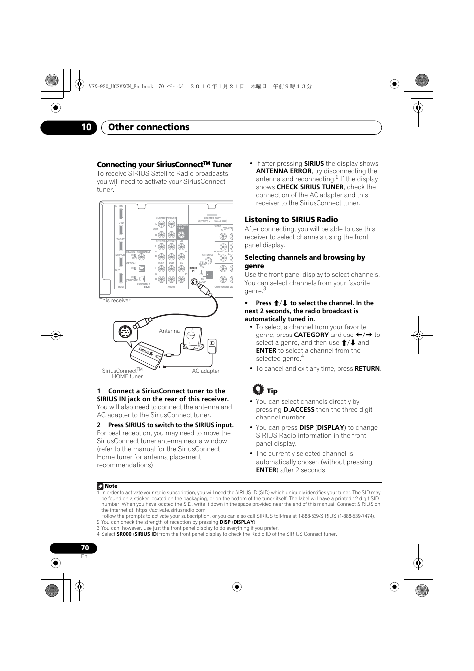 Connecting your siriusconnecttm tuner, Listening to sirius radio, Connecting your siriusconnect | Tuner, Other connections 10, Selecting channels and browsing by genre | Pioneer VSX 920 User Manual | Page 70 / 160