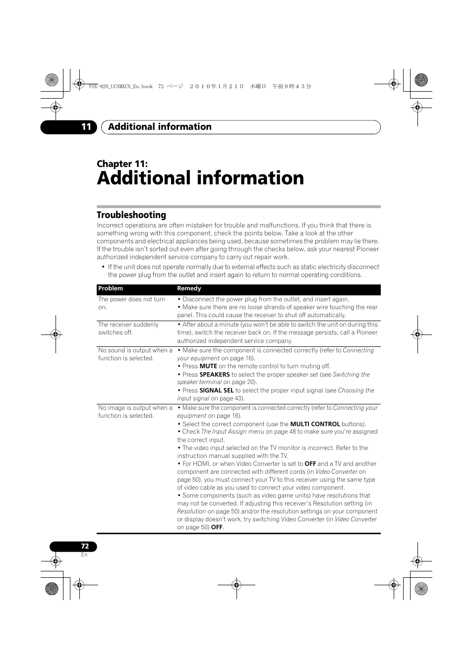 Additional information, Troubleshooting, 11 additional information | Additional information 11, Chapter 11 | Pioneer VSX 920 User Manual | Page 72 / 160