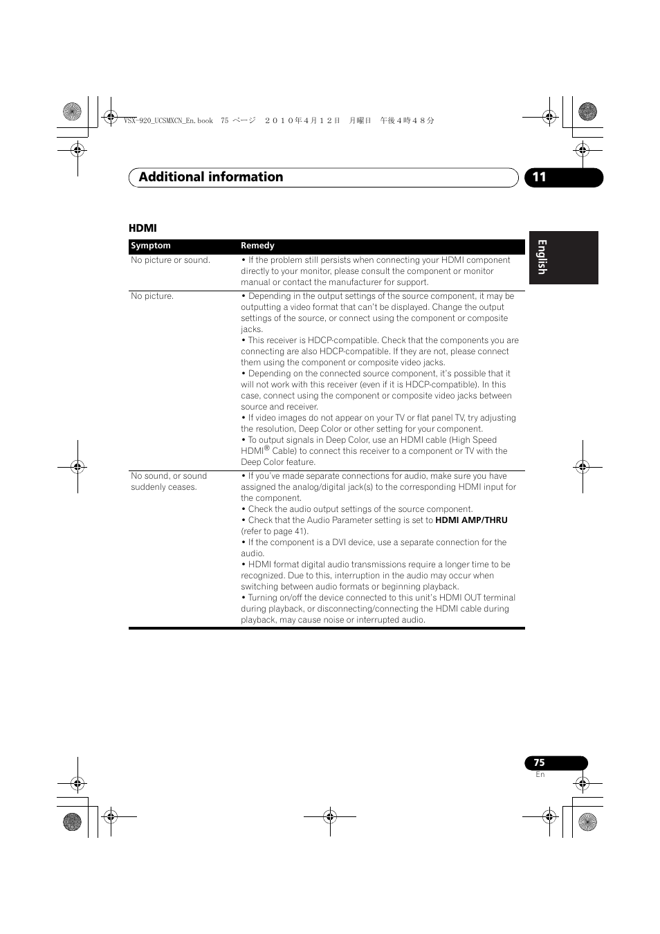 Hdmi, Additional information 11 | Pioneer VSX 920 User Manual | Page 75 / 160