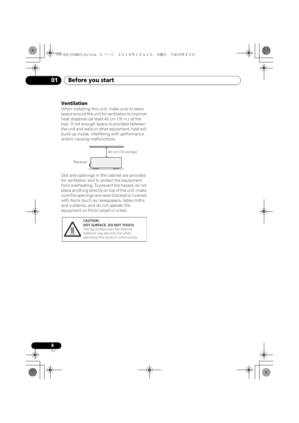Ventilation, Before you start 01 | Pioneer VSX 920 User Manual | Page 8 / 160