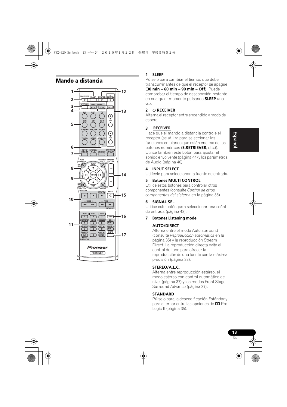 Mando a distancia, English español, Receiver | Pioneer VSX 920 User Manual | Page 91 / 160