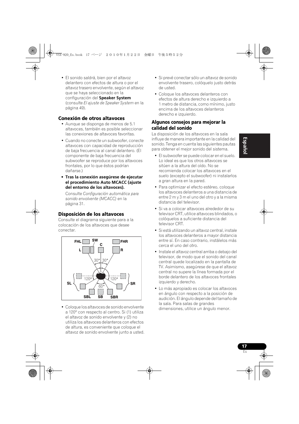 Conexión de otros altavoces, Disposición de los altavoces | Pioneer VSX 920 User Manual | Page 95 / 160