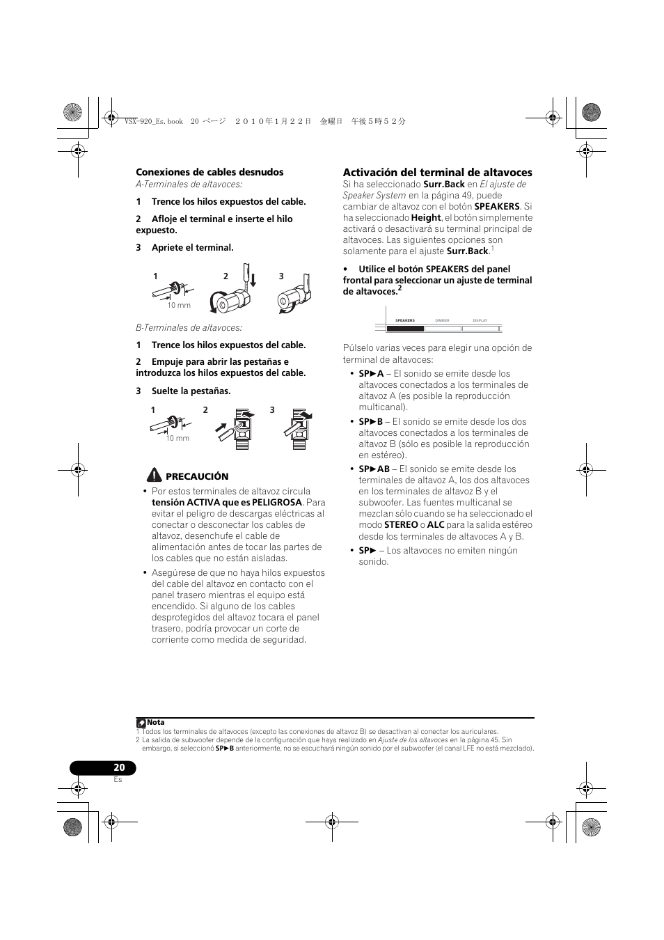 Activación del terminal de altavoces | Pioneer VSX 920 User Manual | Page 98 / 160