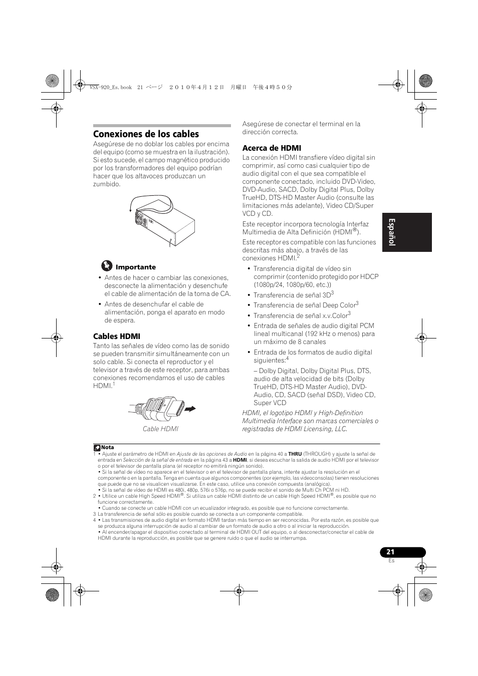 Conexiones de los cables, Cables hdmi, Acerca de hdmi | English español | Pioneer VSX 920 User Manual | Page 99 / 160