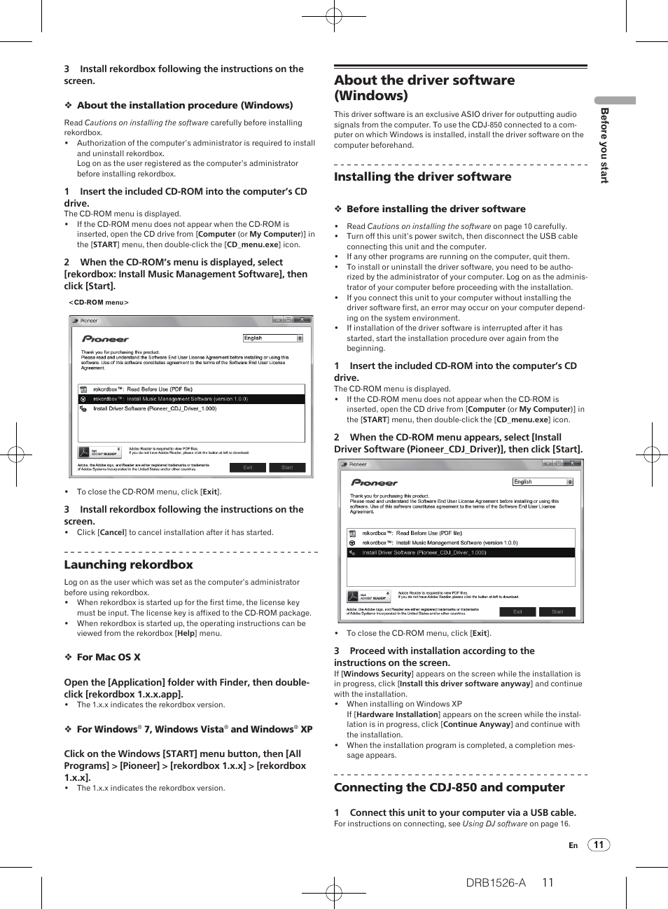 About the driver software (windows), Launching rekordbox, Installing the driver software | Connecting the cdj-850 and computer | Pioneer CDJ-850 User Manual | Page 11 / 32