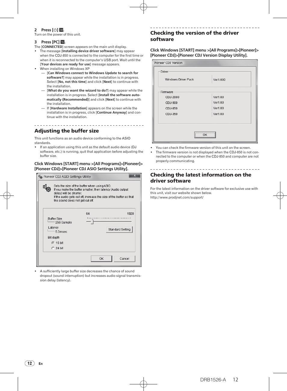 Adjusting the buffer size, Checking the version of the driver software | Pioneer CDJ-850 User Manual | Page 12 / 32