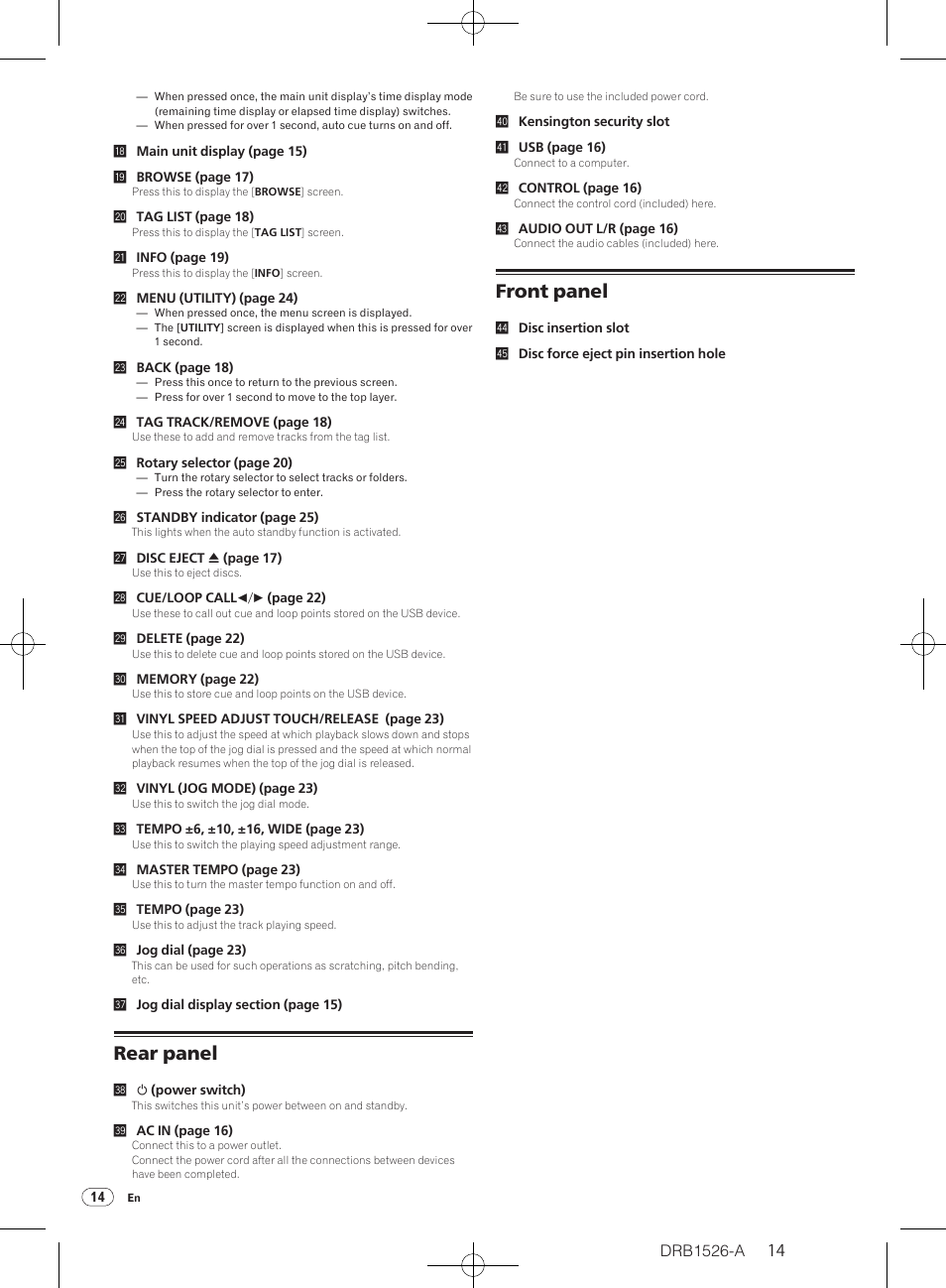 Rear panel front panel, Rear panel, Front panel | Pioneer CDJ-850 User Manual | Page 14 / 32