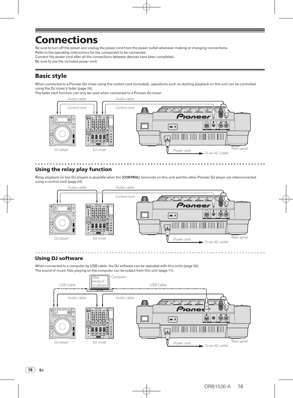 Connections, Basic style, Using the relay play function | Using dj software | Pioneer CDJ-850 User Manual | Page 16 / 32