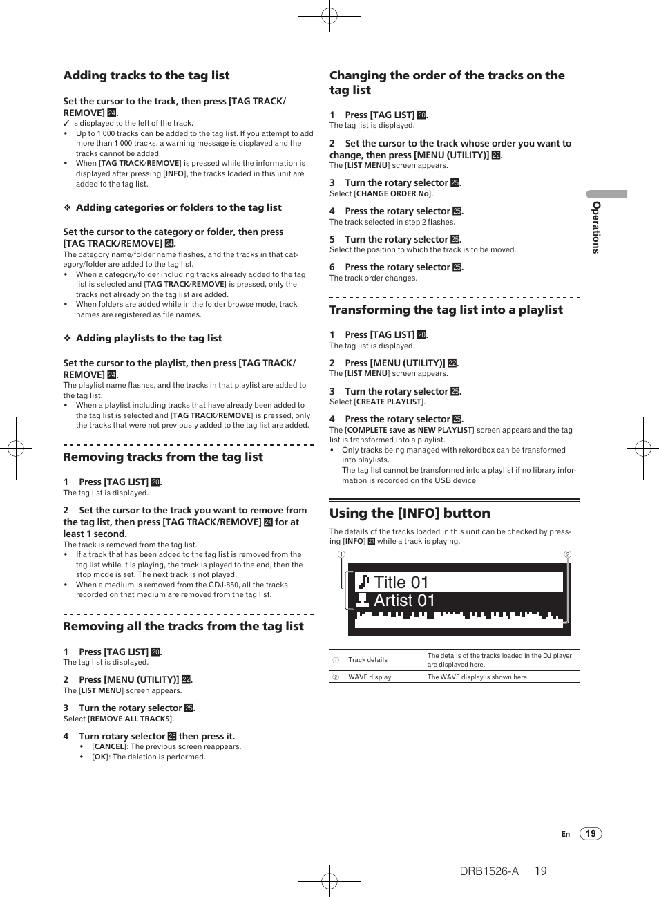 Using the [info] button, Title 01 artist 01, Adding tracks to the tag list | Removing tracks from the tag list, Removing all the tracks from the tag list, Changing the order of the tracks on the tag list, Transforming the tag list into a playlist | Pioneer CDJ-850 User Manual | Page 19 / 32