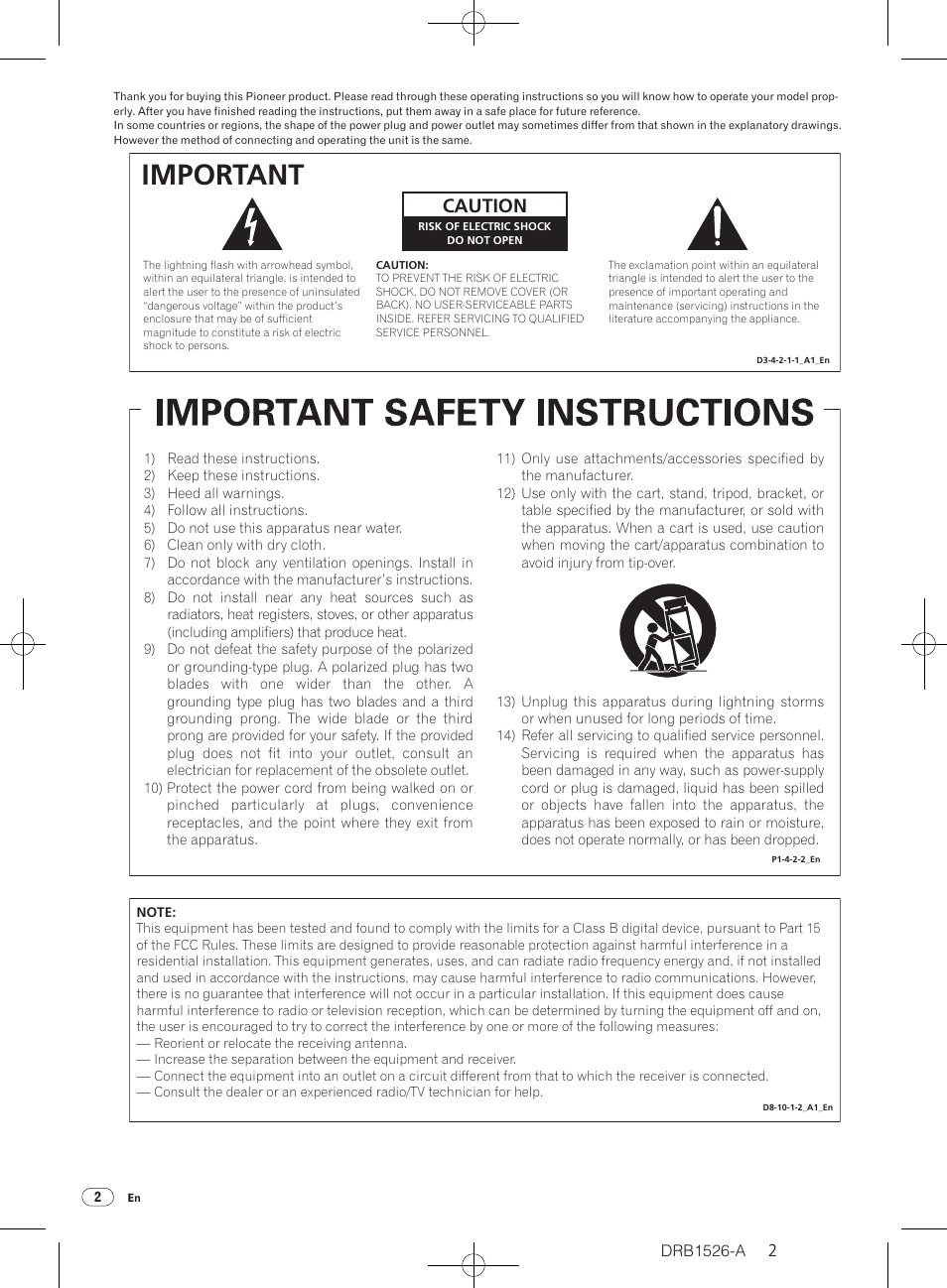 Important, Caution | Pioneer CDJ-850 User Manual | Page 2 / 32