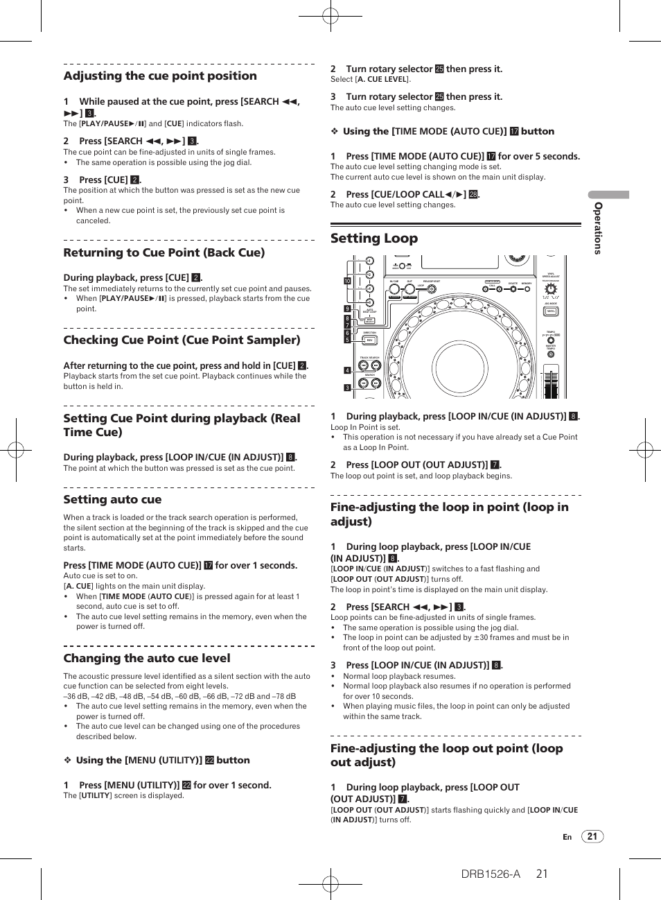 Setting loop, Adjusting the cue point position, Returning to cue point (back cue) | Checking cue point (cue point sampler), Setting cue point during playback (real time cue), Setting auto cue, Changing the auto cue level, Fine-adjusting the loop in point (loop in adjust), 21 op erations, 2 press [search m , n ] 3 | Pioneer CDJ-850 User Manual | Page 21 / 32