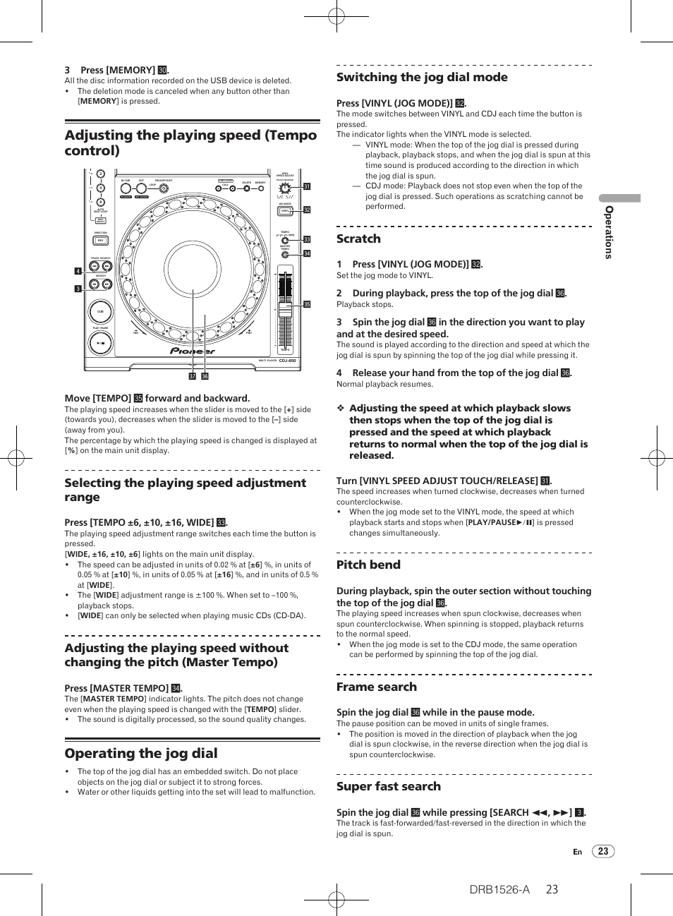 Adjusting the playing speed (tempo control), Operating the jog dial, Selecting the playing speed adjustment range | Switching the jog dial mode, Scratch, Pitch bend, Frame search, Super fast search, 23 op erations, Move [tempo] z forward and backward | Pioneer CDJ-850 User Manual | Page 23 / 32