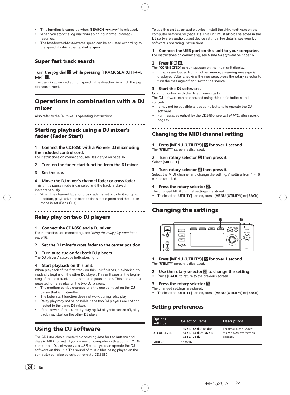 Operations in combination with a dj mixer, Using the dj software, Changing the settings | Super fast track search, Relay play on two dj players, Changing the midi channel setting, Setting preferences | Pioneer CDJ-850 User Manual | Page 24 / 32