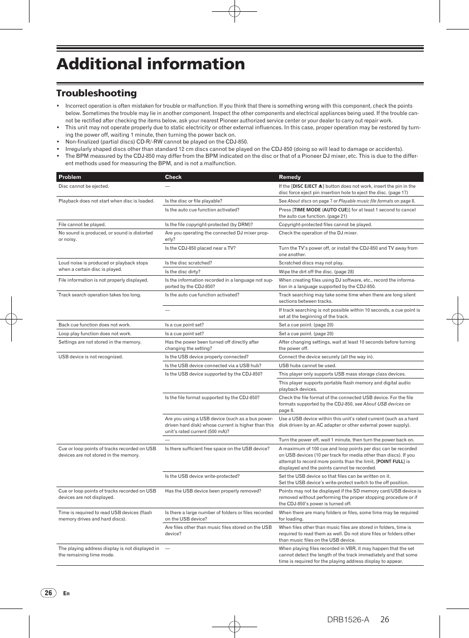Additional information, Troubleshooting | Pioneer CDJ-850 User Manual | Page 26 / 32